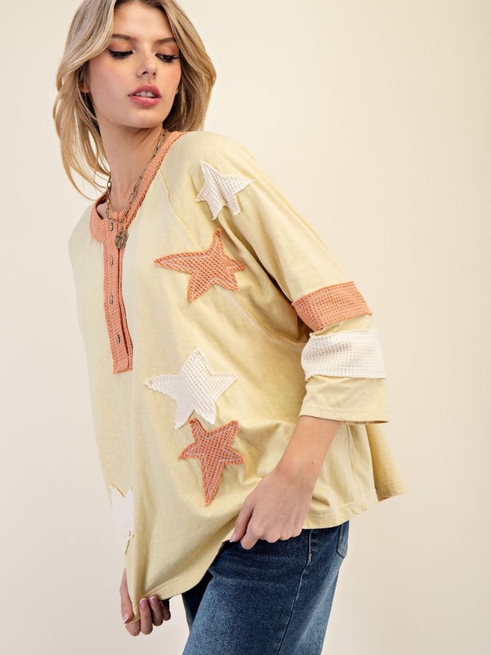NEW EASEL STAR PATCH HENLEY TOP LIGHTWEIGHT PULLOVER 1/4 BUTTON SHIRT OVERSIZED - Picture 8 of 10